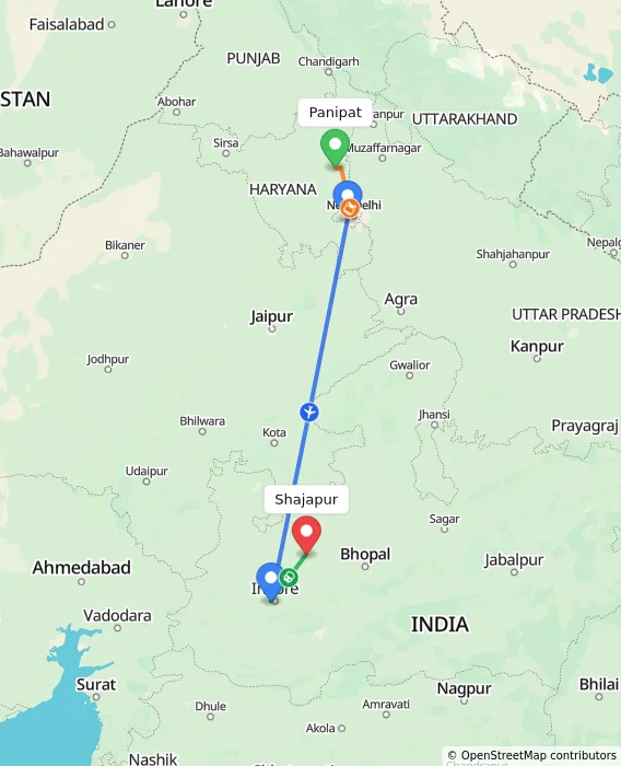 Route map showing distance and travel time from Panipat, India to Shajapur, India