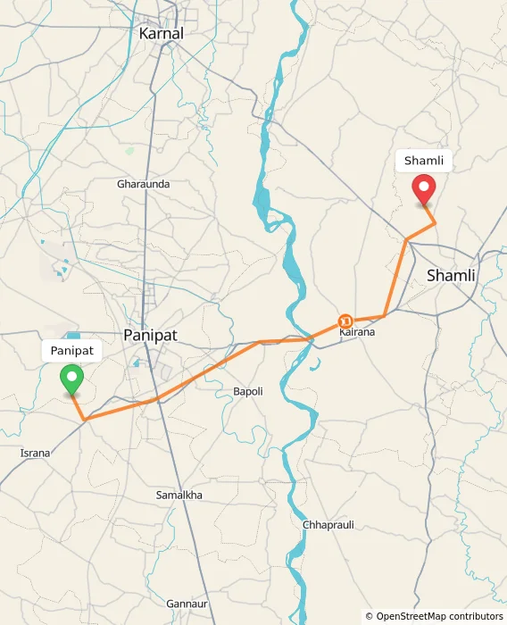 Route map showing distance and travel time from Panipat, India to Shamli, India