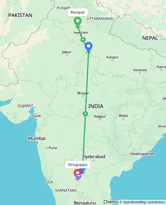Route map showing distance and travel time from Panipat, India to Siruguppa, India