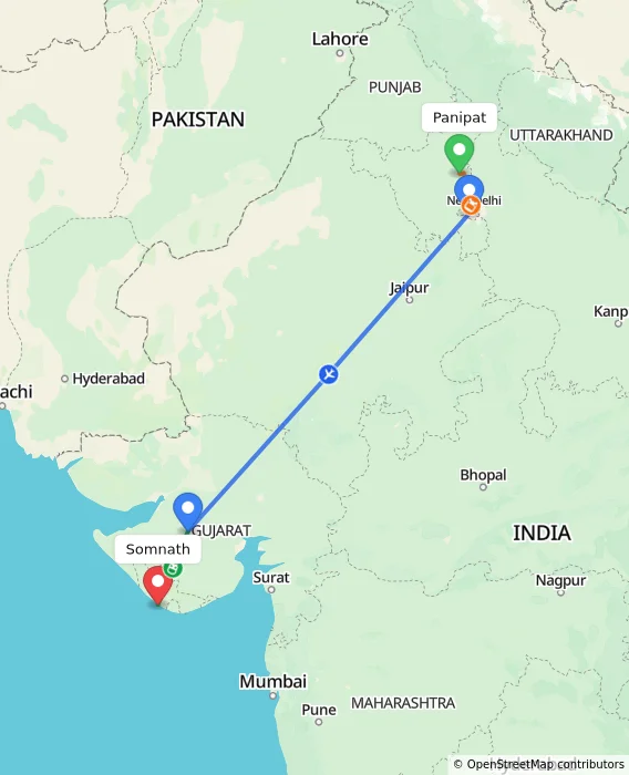 Route map showing distance and travel time from Panipat, India to Somnath, India