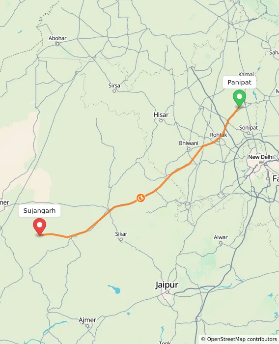 Route map showing distance and travel time from Panipat, India to Sujangarh, India
