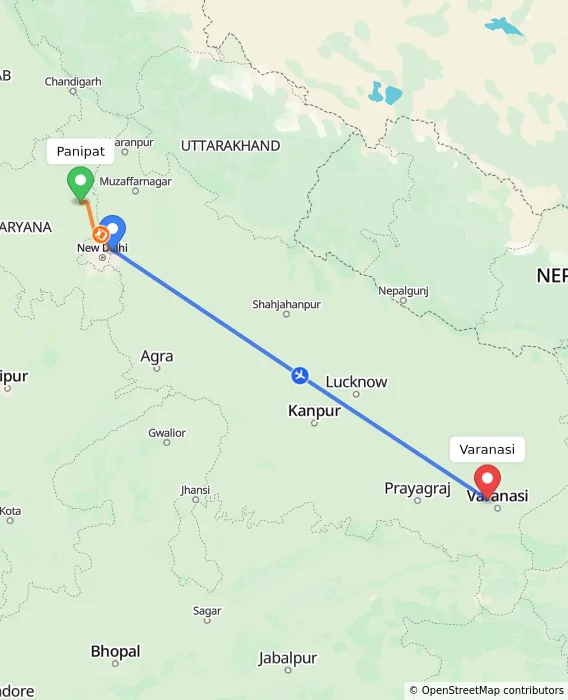 Route map showing distance and travel time from Panipat, India to Varanasi, India