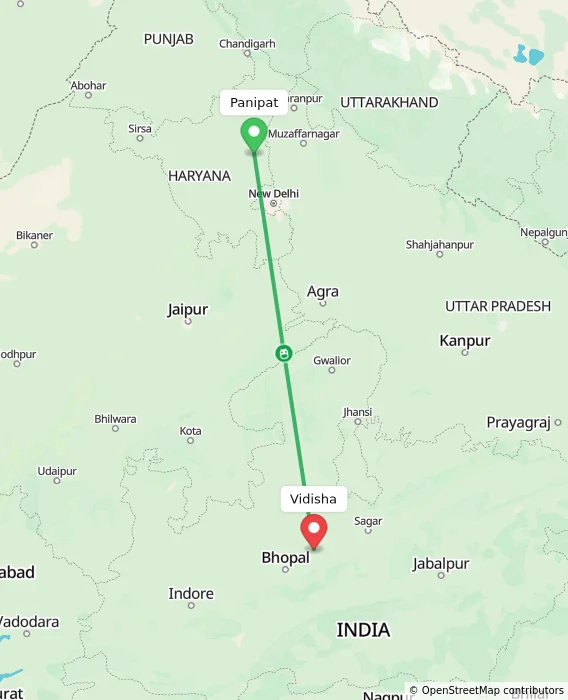 Route map showing distance and travel time from Panipat, India to Vidisha, India