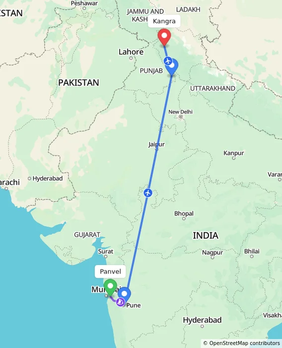 Route map showing distance and travel time from Panvel, India to Kangra, India