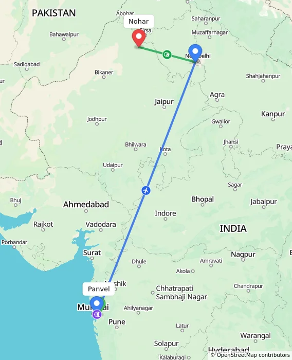 Route map showing distance and travel time from Panvel, India to Nohar, India