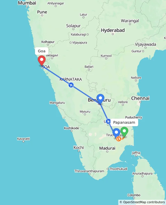 Route map showing distance and travel time from Papanasam, India to Goa, India