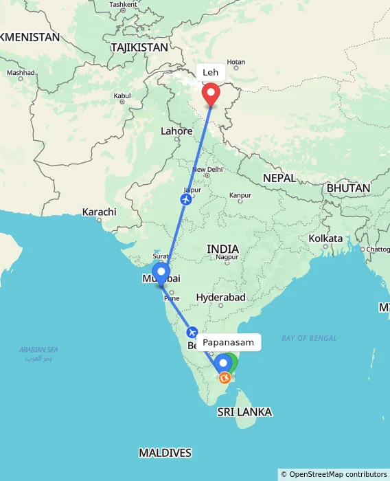 Route map showing distance and travel time from Papanasam, India to Leh, India