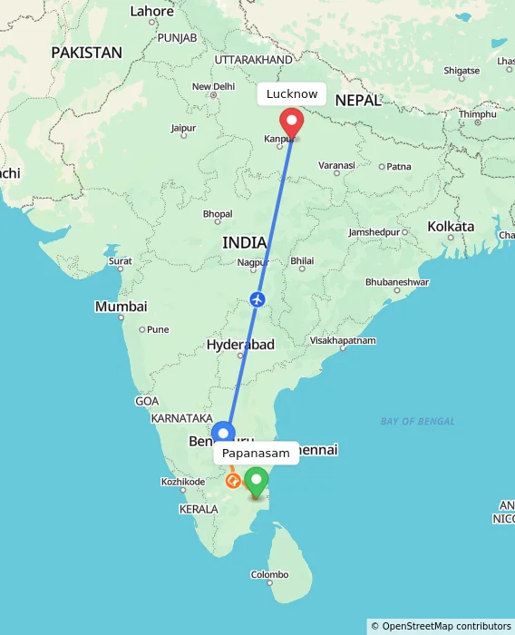 Route map showing distance and travel time from Papanasam, India to Lucknow, India