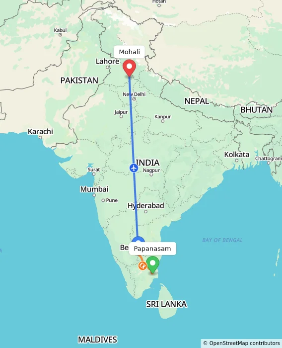 Route map showing distance and travel time from Papanasam, India to Mohali, India