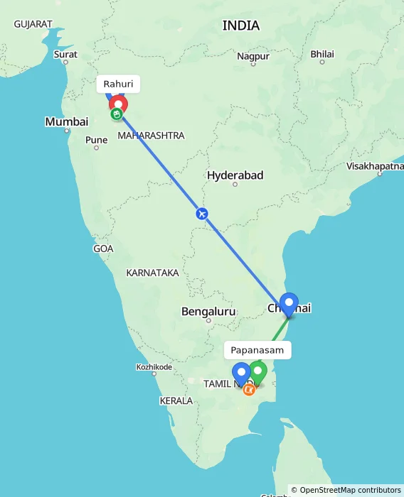 Route map showing distance and travel time from Papanasam, India to Rahuri, India