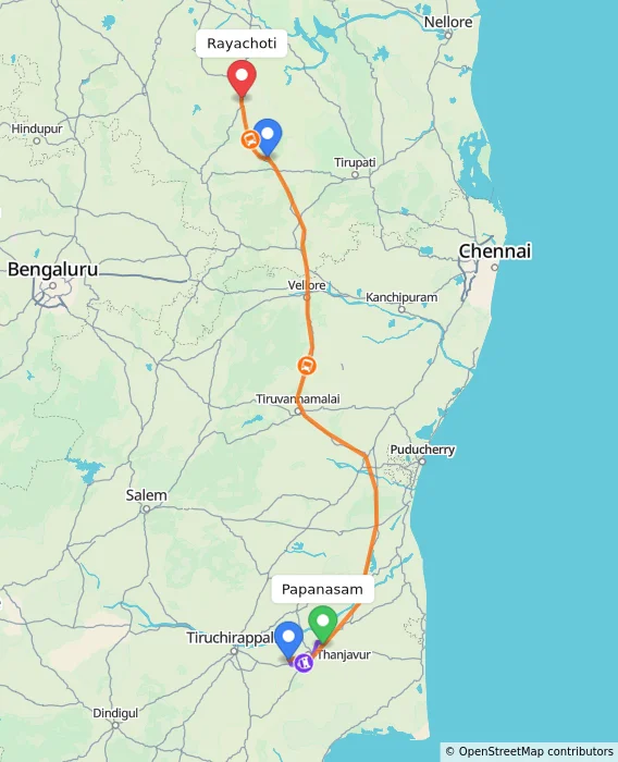 Route map showing distance and travel time from Papanasam, India to Rayachoti, India