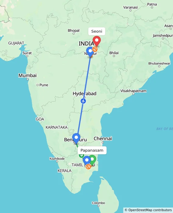 Route map showing distance and travel time from Papanasam, India to Seoni, India