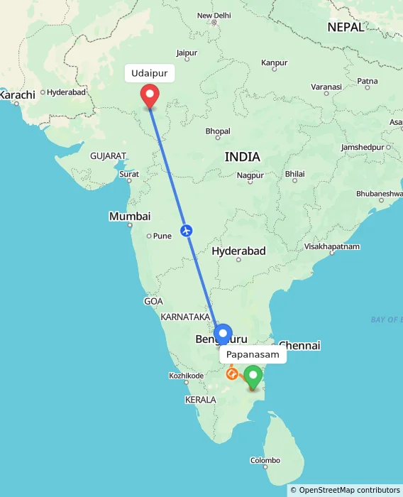 Route map showing distance and travel time from Papanasam, India to Udaipur, India