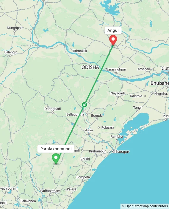 Route map showing distance and travel time from Paralakhemundi, India to Angul, India
