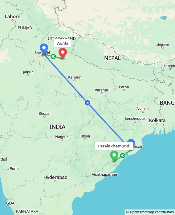 Route map showing distance and travel time from Paralakhemundi, India to Aonla, India