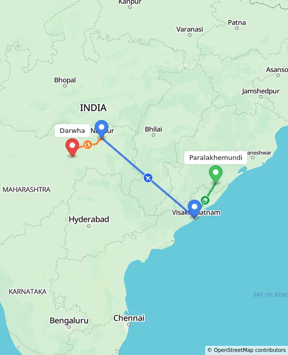 Route map showing distance and travel time from Paralakhemundi, India to Darwha, India