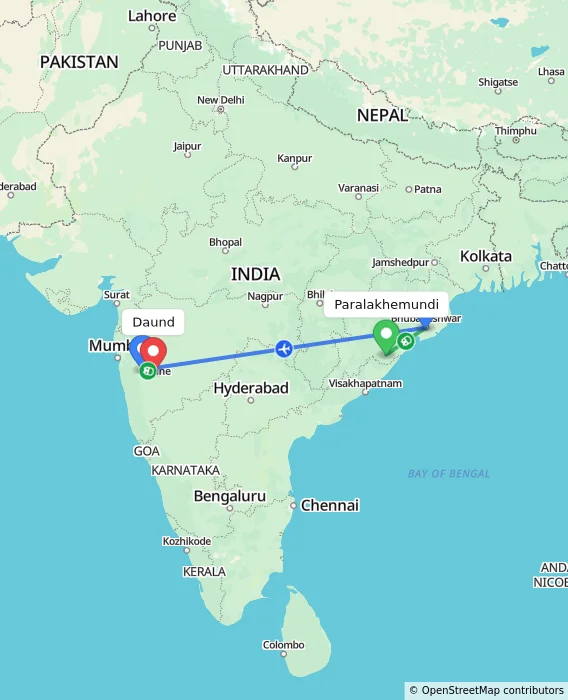 Route map showing distance and travel time from Paralakhemundi, India to Daund, India