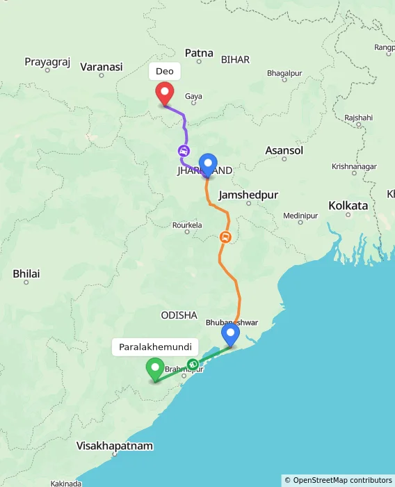 Route map showing distance and travel time from Paralakhemundi, India to Deo, India