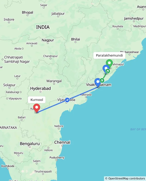 Route map showing distance and travel time from Paralakhemundi, India to Kurnool, India