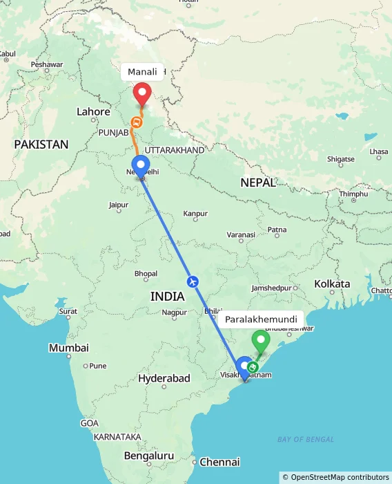 Route map showing distance and travel time from Paralakhemundi, India to Manali, India