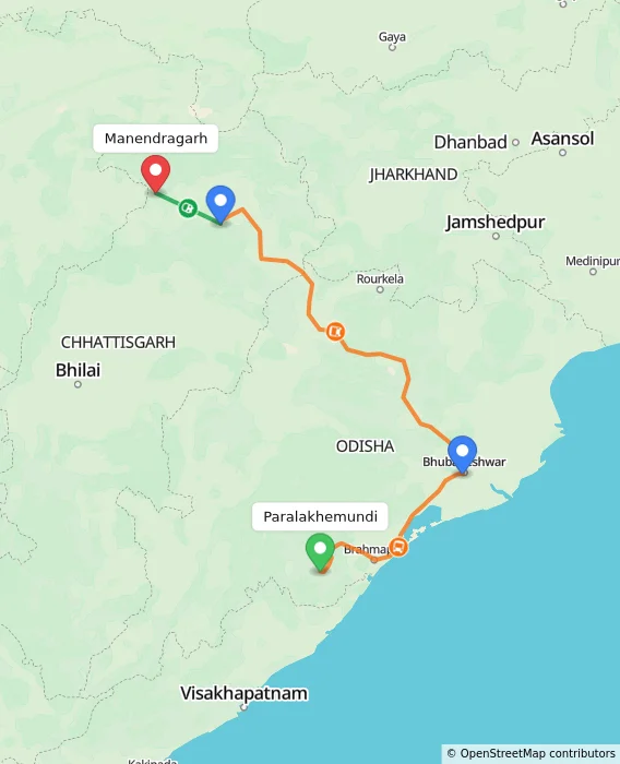 Route map showing distance and travel time from Paralakhemundi, India to Manendragarh, India