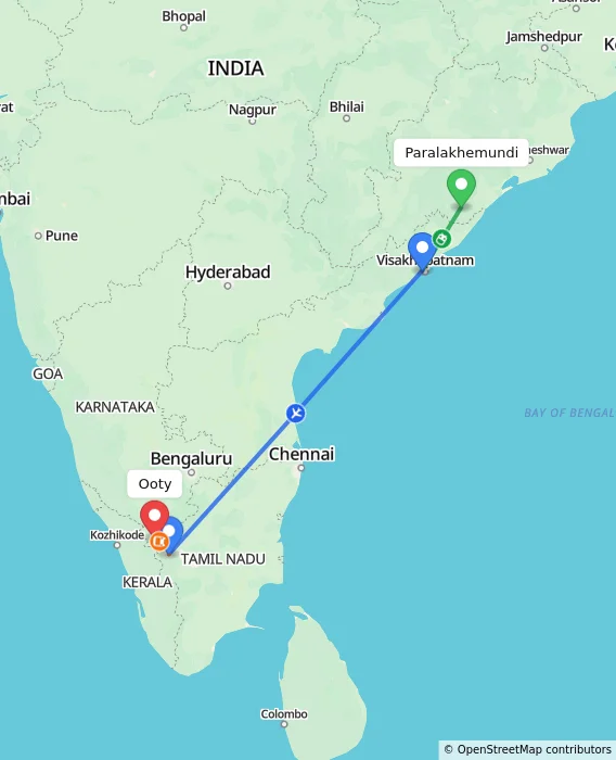 Route map showing distance and travel time from Paralakhemundi, India to Ooty, India