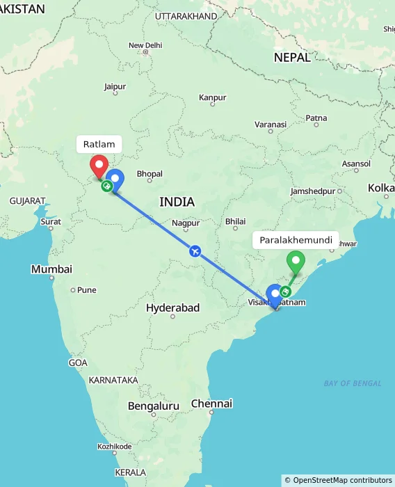 Route map showing distance and travel time from Paralakhemundi, India to Ratlam, India