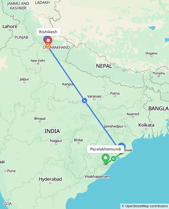 Route map showing distance and travel time from Paralakhemundi, India to Rishikesh, India