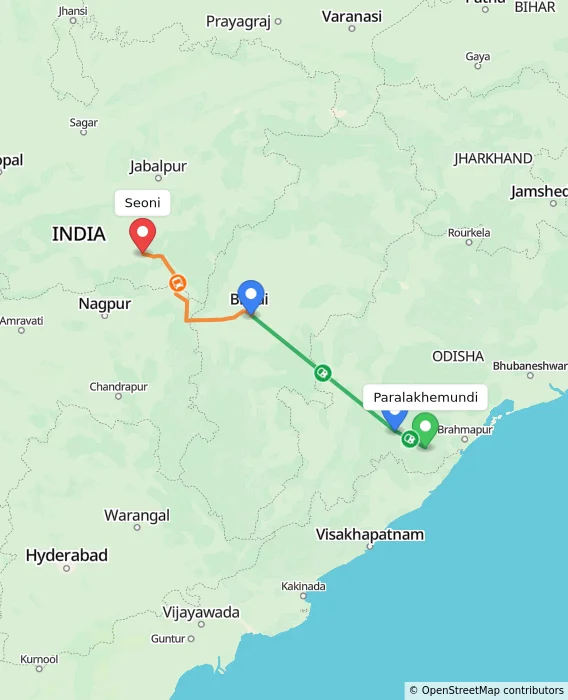Route map showing distance and travel time from Paralakhemundi, India to Seoni, India