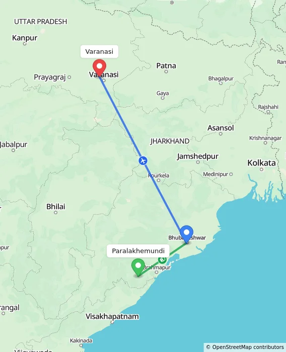 Route map showing distance and travel time from Paralakhemundi, India to Varanasi, India