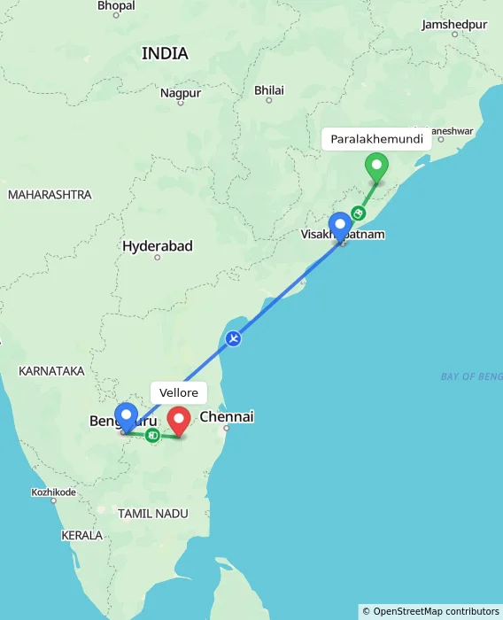 Route map showing distance and travel time from Paralakhemundi, India to Vellore, India