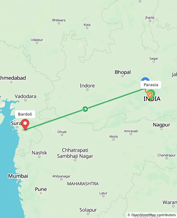 Route map showing distance and travel time from Parasia, India to Bardoli, India