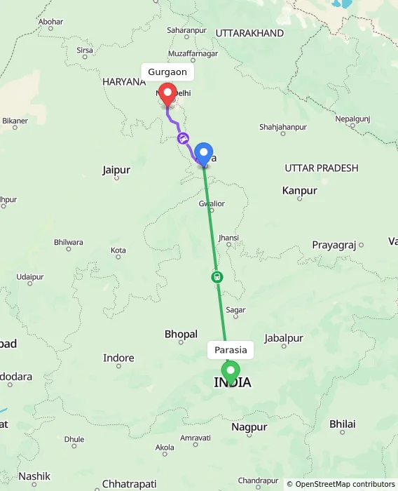 Route map showing distance and travel time from Parasia, India to Gurgaon, India