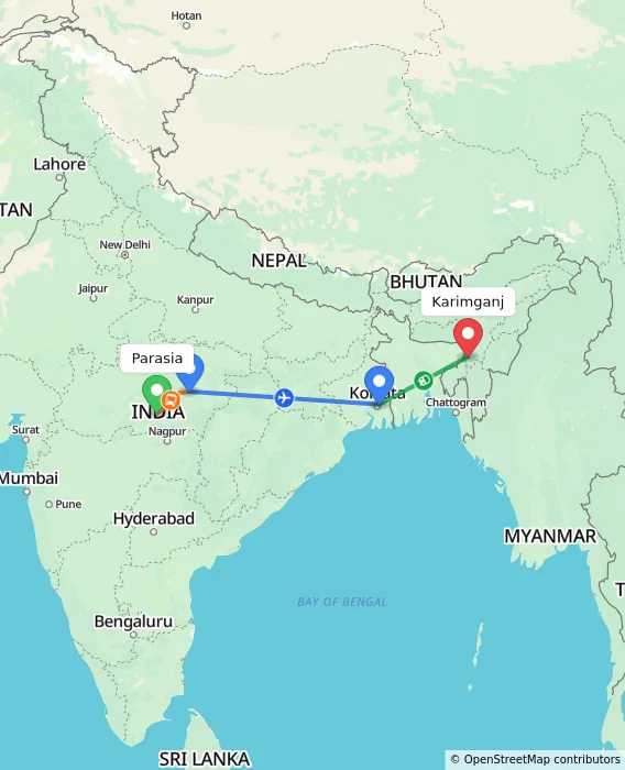 Route map showing distance and travel time from Parasia, India to Karimganj, India