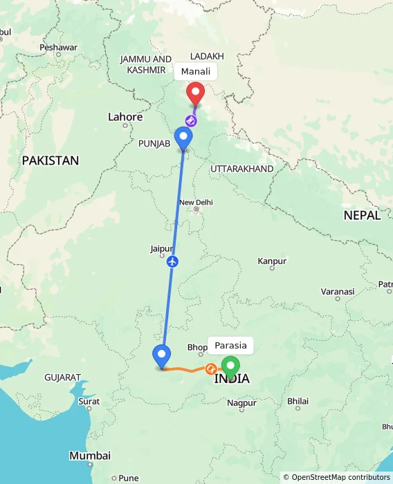 Route map showing distance and travel time from Parasia, India to Manali, India