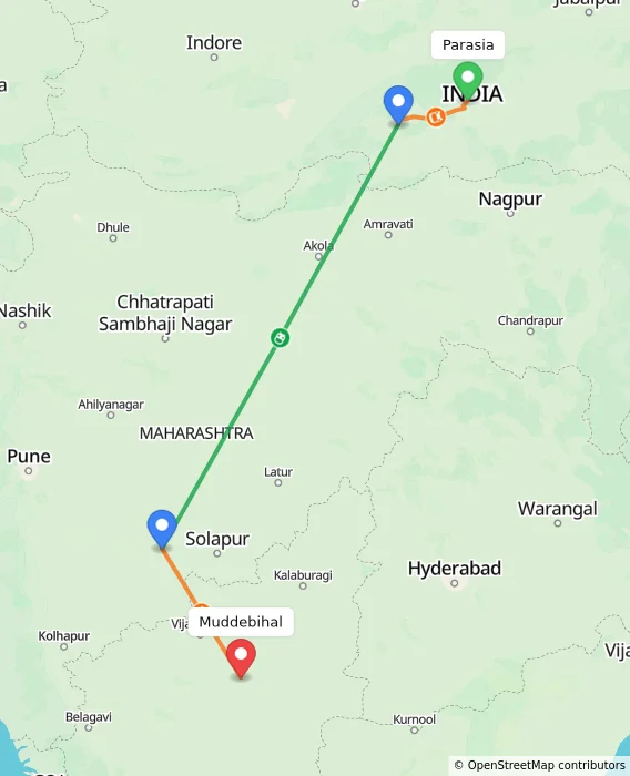 Route map showing distance and travel time from Parasia, India to Muddebihal, India