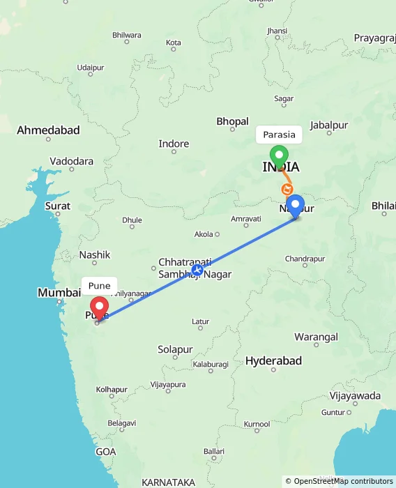 Route map showing distance and travel time from Parasia, India to Pune, India