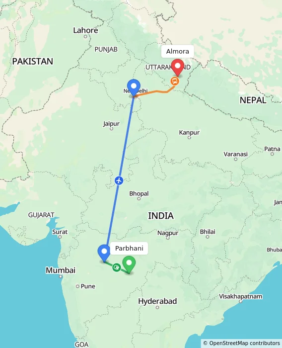 Route map showing distance and travel time from Parbhani, India to Almora, India