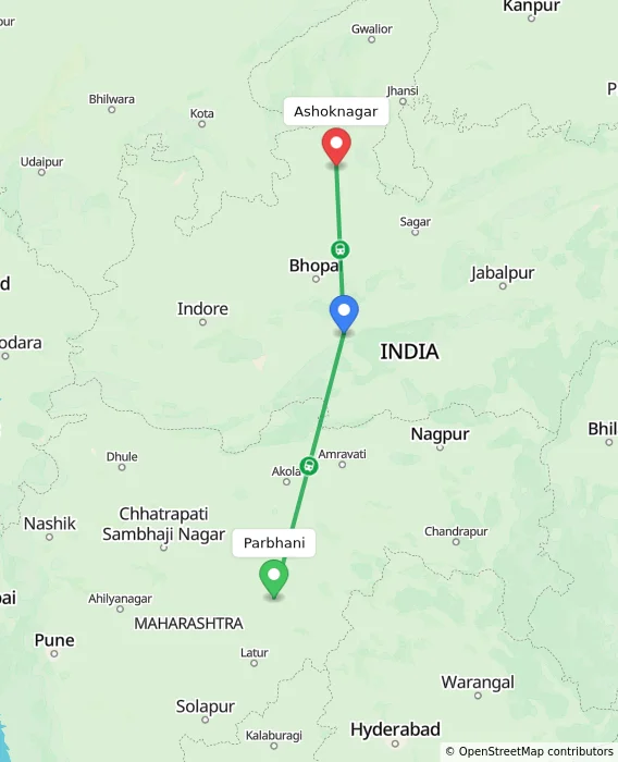 Route map showing distance and travel time from Parbhani, India to Ashoknagar, India