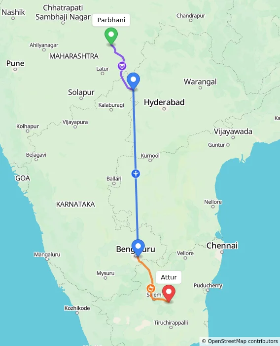 Route map showing distance and travel time from Parbhani, India to Attur, India
