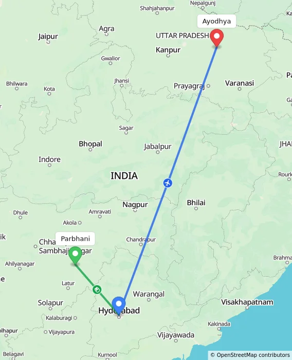 Route map showing distance and travel time from Parbhani, India to Ayodhya, India