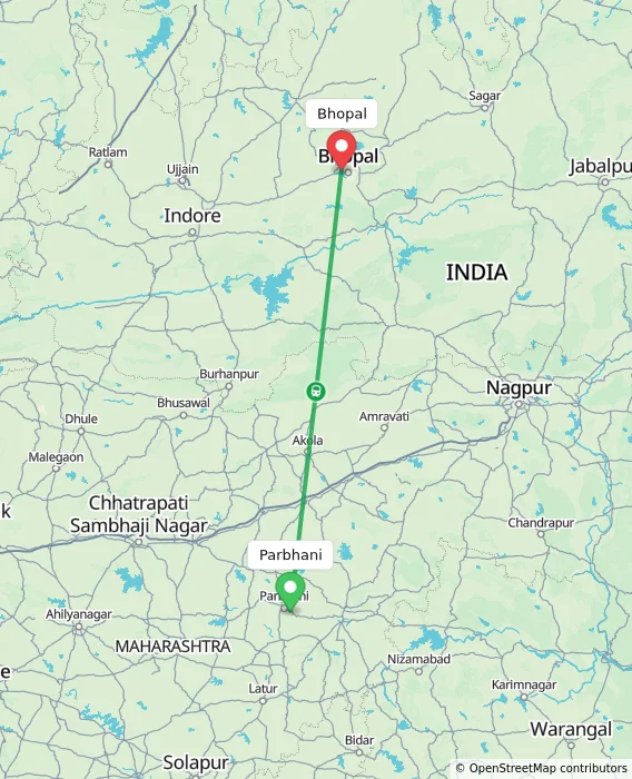 Route map showing distance and travel time from Parbhani, India to Bhopal, India