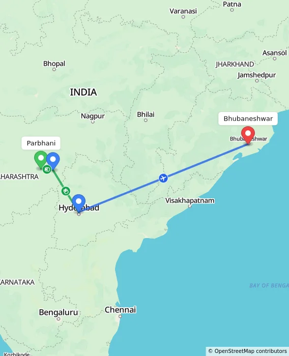 Route map showing distance and travel time from Parbhani, India to Bhubaneshwar, India