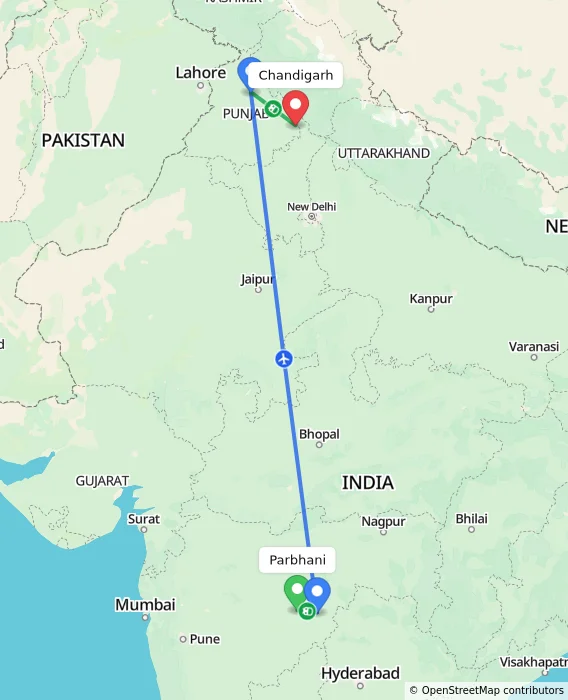 Route map showing distance and travel time from Parbhani, India to Chandigarh, India