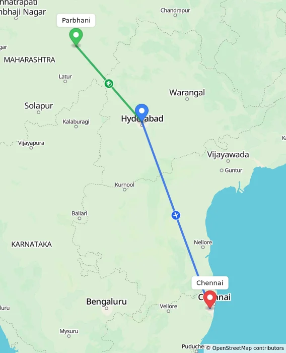 Route map showing distance and travel time from Parbhani, India to Chennai, India