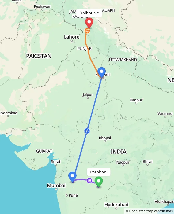 Route map showing distance and travel time from Parbhani, India to Dalhousie, India
