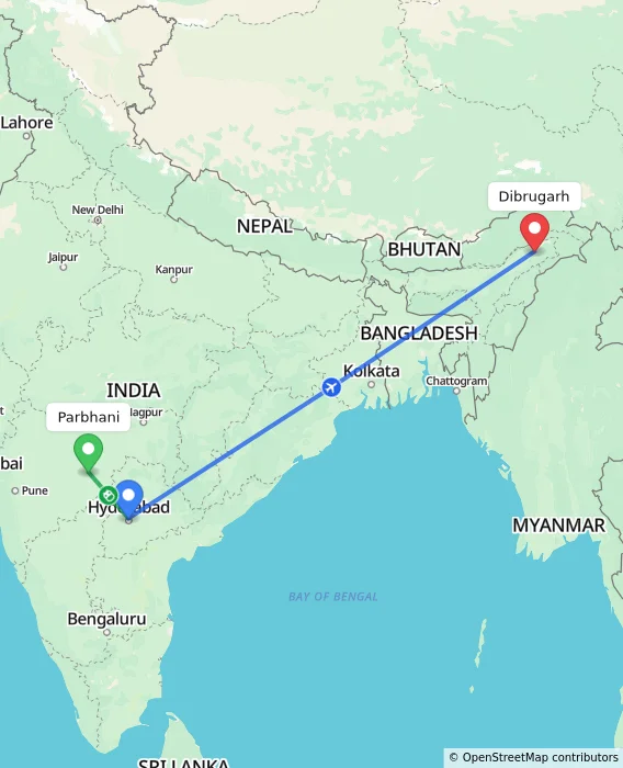 Route map showing distance and travel time from Parbhani, India to Dibrugarh, India