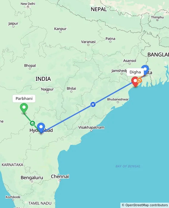 Route map showing distance and travel time from Parbhani, India to Digha, India