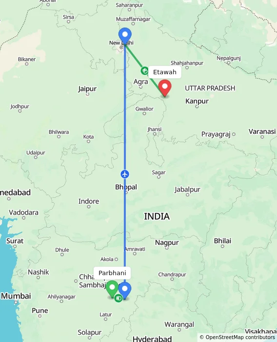 Route map showing distance and travel time from Parbhani, India to Etawah, India