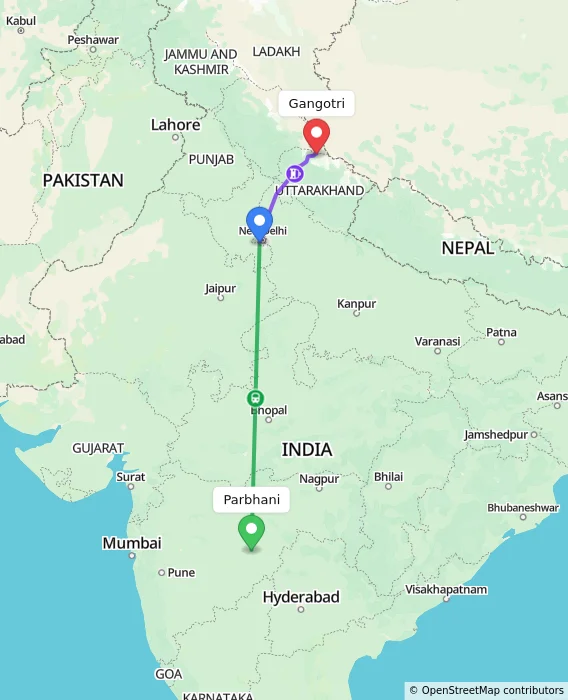 Route map showing distance and travel time from Parbhani, India to Gangotri, India